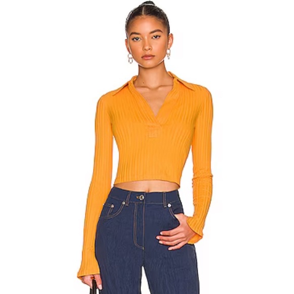 Helmet Lang Textured Stripe Crop Apricot Cotton Polo Shirt - Picture 2 of 13